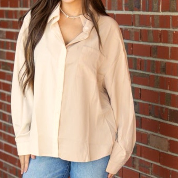 Andrew by Unit Beige and Tan Sided Button Down Long Sleeve Blouse - Picture 2 of 9